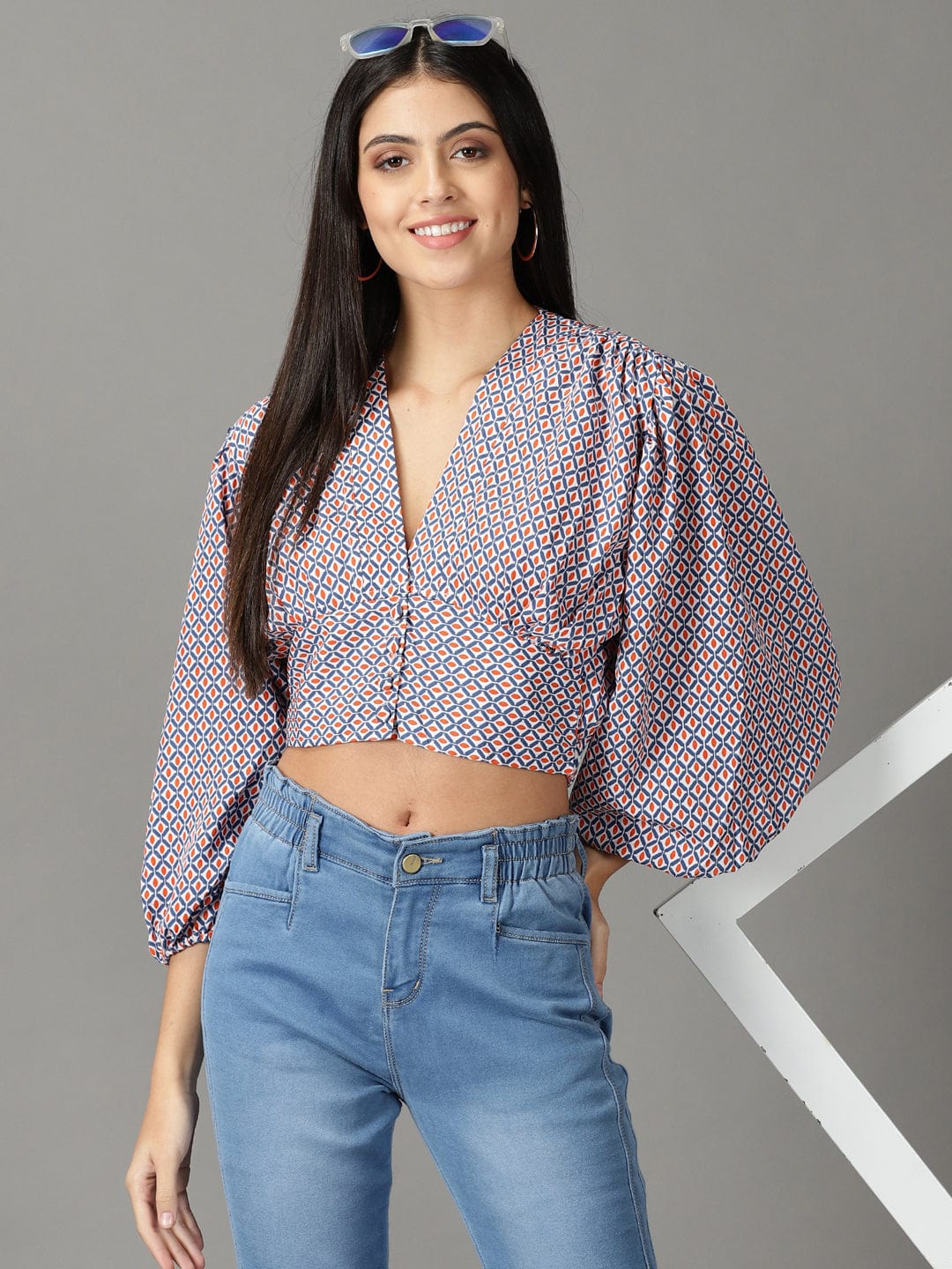 Women's Navy Blue Geometric Print Crop Top