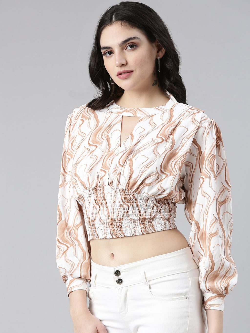 Women's Brown Animal Print Crepe Cinched Waist Top