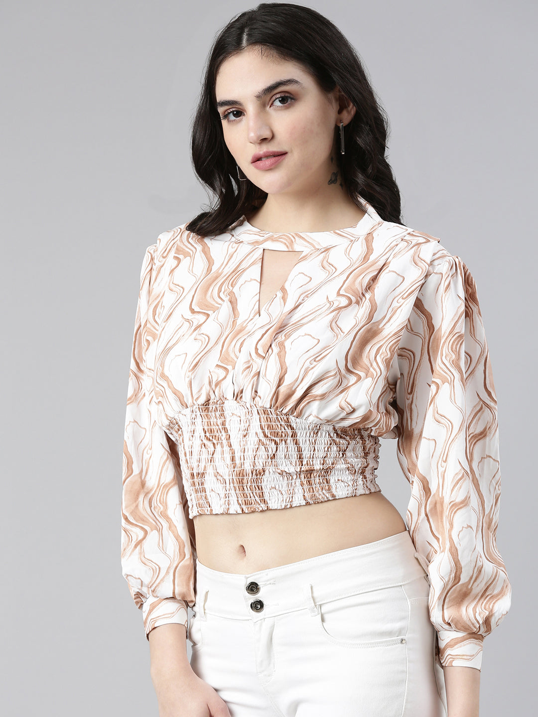 Women's Brown Animal Print Crepe Cinched Waist Top