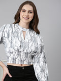 Women's Grey Abstract Printed Keyhole Neck Cinched Waist Crop Top