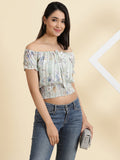 Women's Sea Green Floral Printed Off-Shoulder Cinched Waist Crop Top