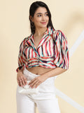 Women's Multi Striped Puff Sleeve Satin Tie & Dye Crop Top