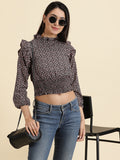 Women's Black Floral Print Puff Sleeve Crepe Cinched Waist Crop Top