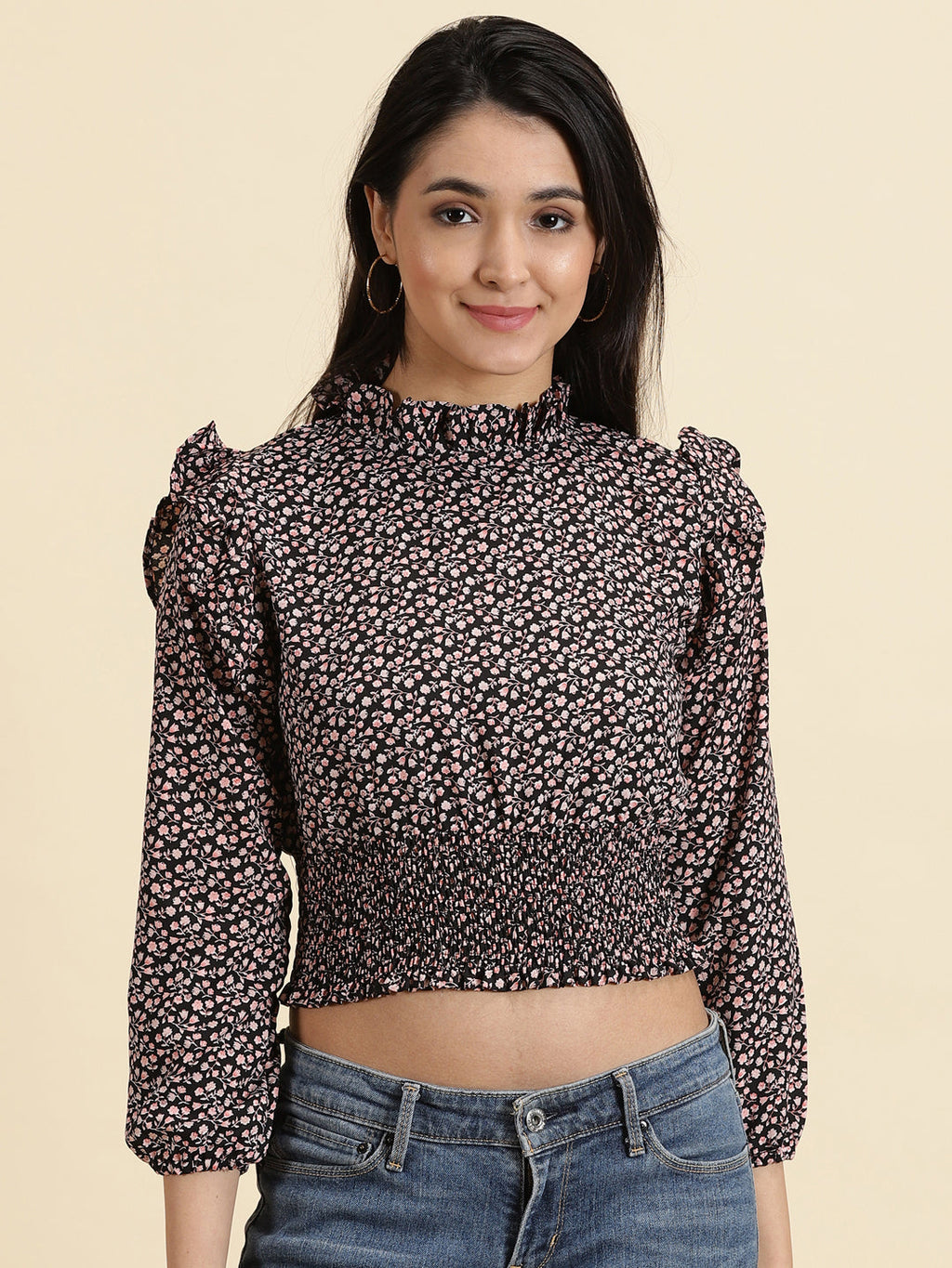 Women's Black Floral Print Puff Sleeve Crepe Cinched Waist Crop Top