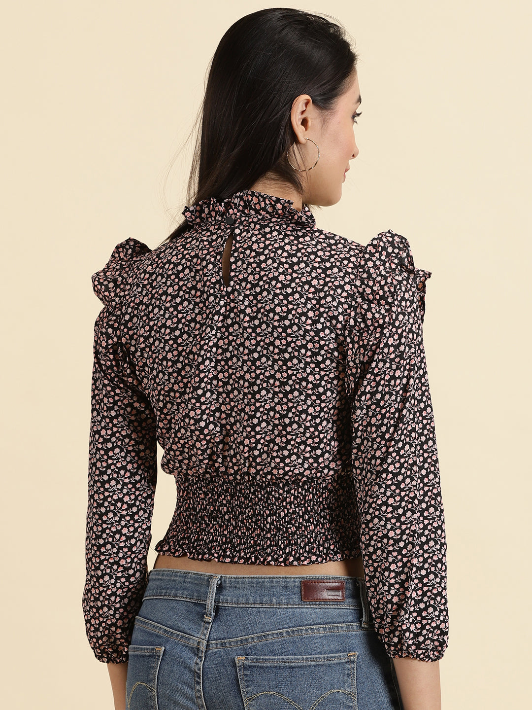 Women's Black Floral Print Puff Sleeve Crepe Cinched Waist Crop Top
