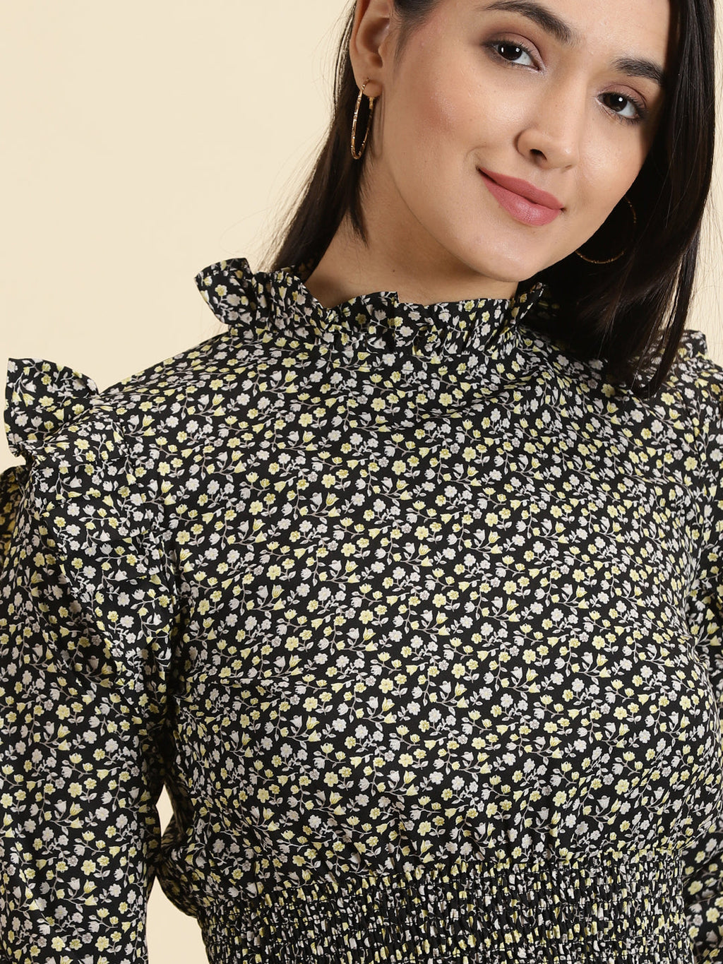 Women's Black Floral Print Puff Sleeve Crepe Cinched Waist Crop Top