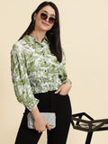 Women's Green Abstract Printed Smocked Shirt Style Top