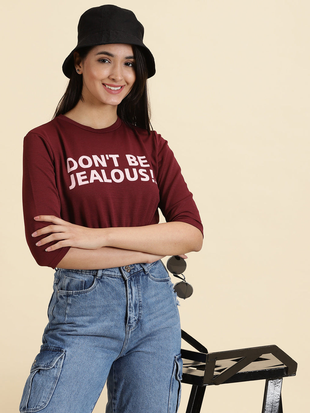 Women's Red Print Crop Cinched Waist Top