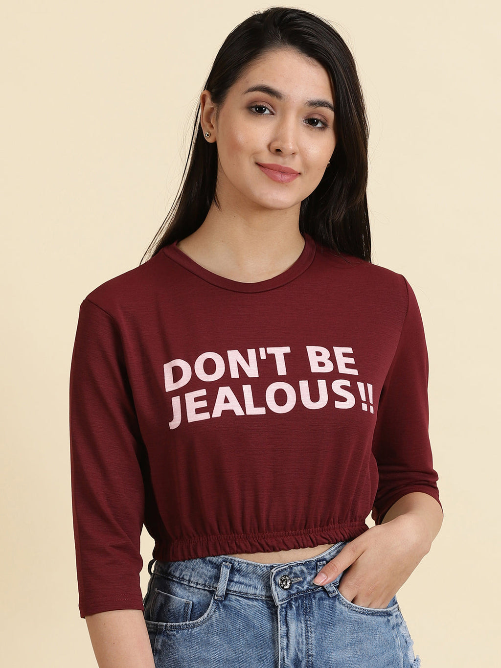 Women's Red Print Crop Cinched Waist Top