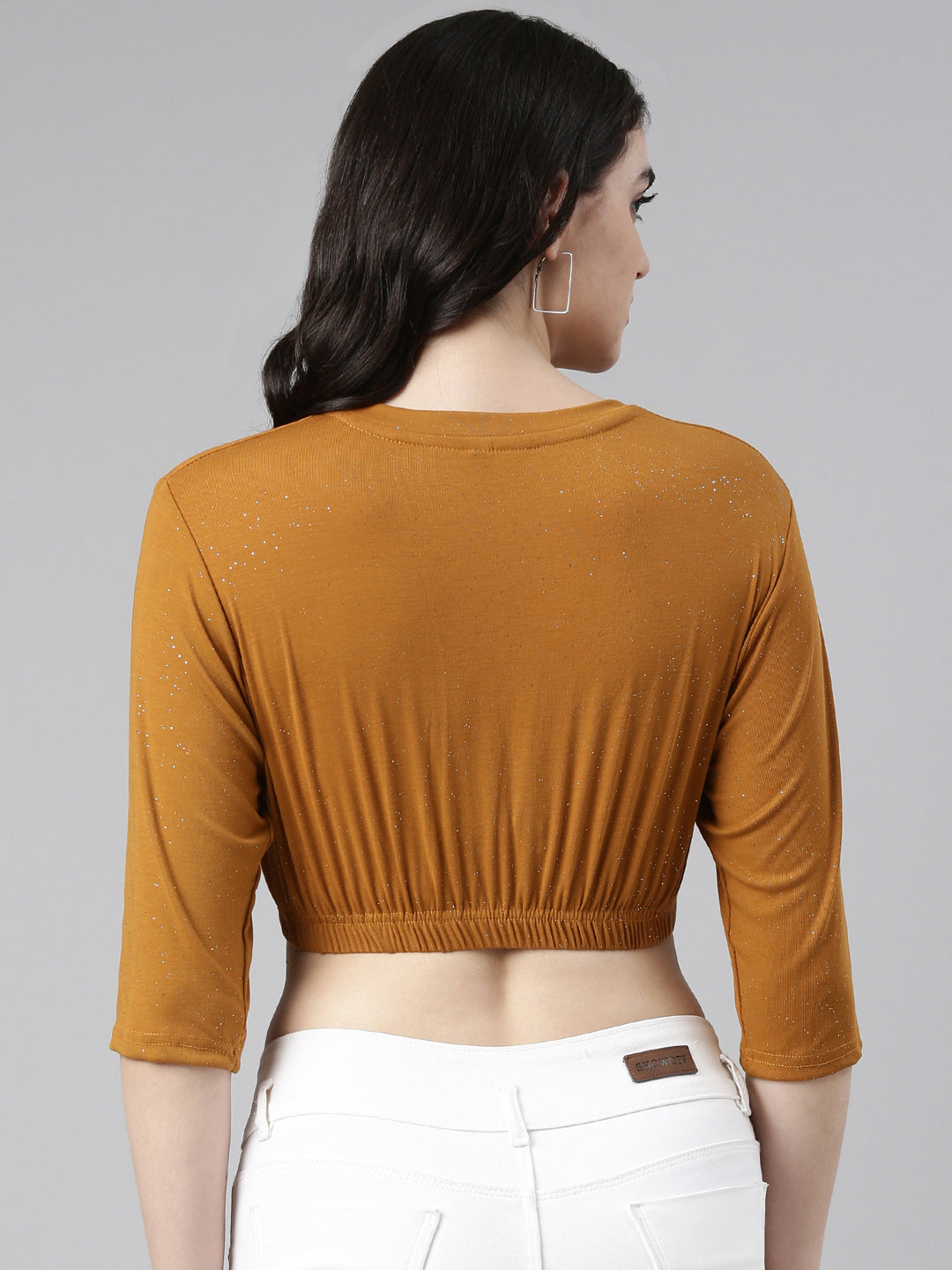 Women's Mustard Round Neck Gathered Crop Top