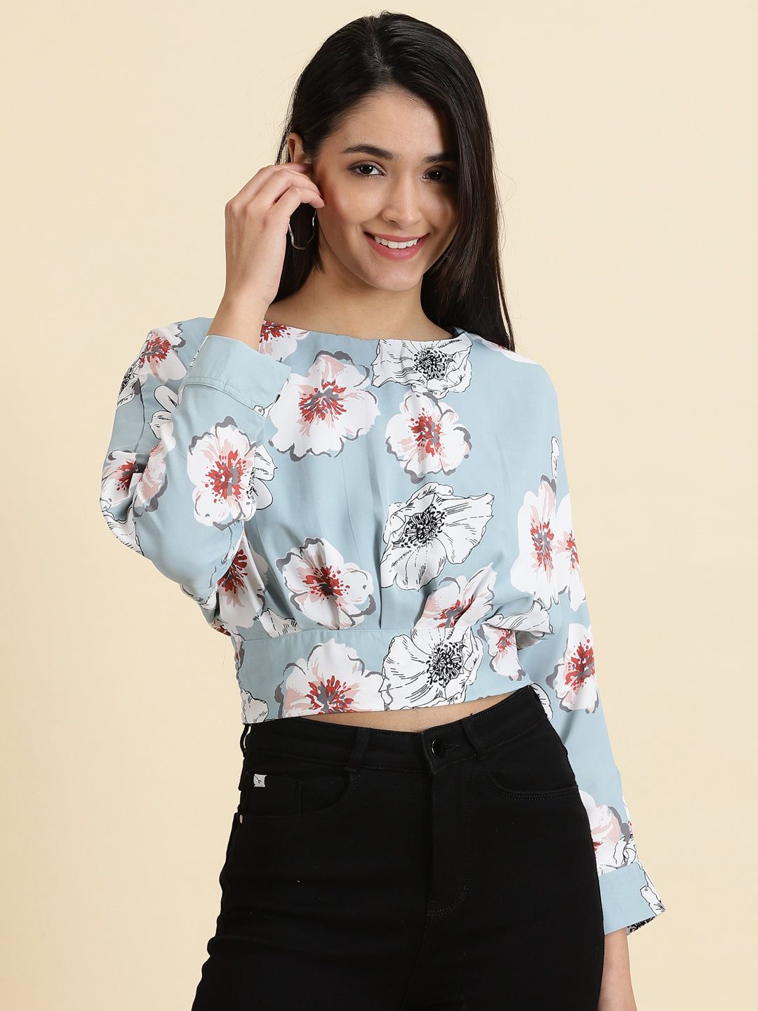 Women's Blue Floral Printed Extended Sleeves Styled Back Crop Blouson Top