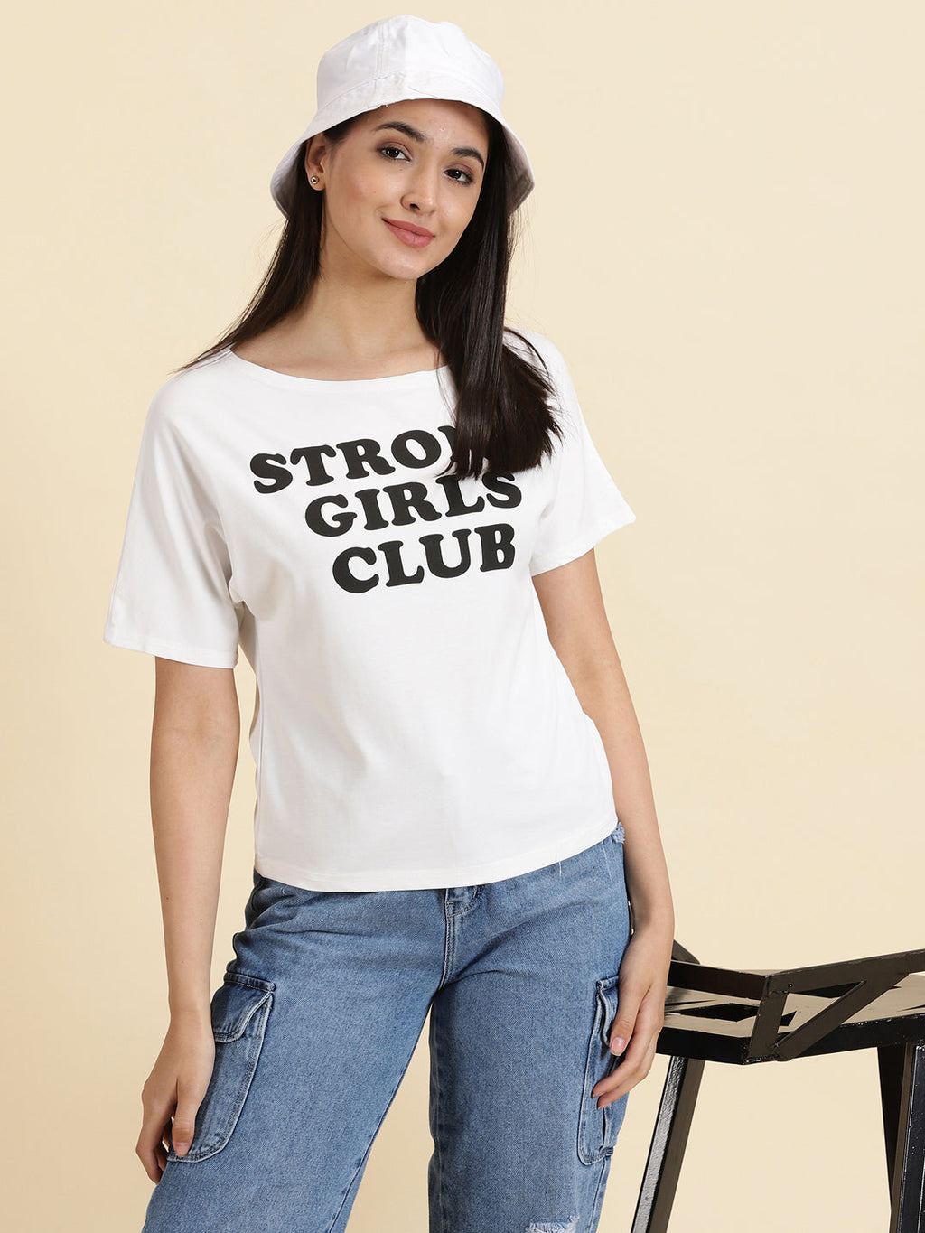 Women's White Typography Printed Regular Fit Boat Neck Crop Top