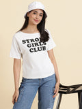 Women's White Typography Printed Regular Fit Boat Neck Crop Top