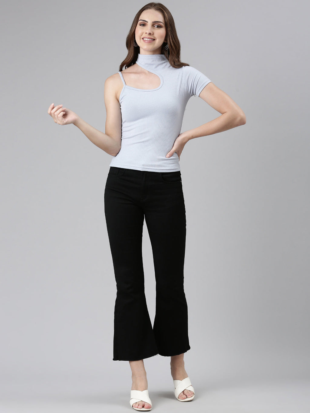Women's Blue High Neck Cut Out Top