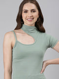 Women's Sea Green High Neck Cotton Fitted Top