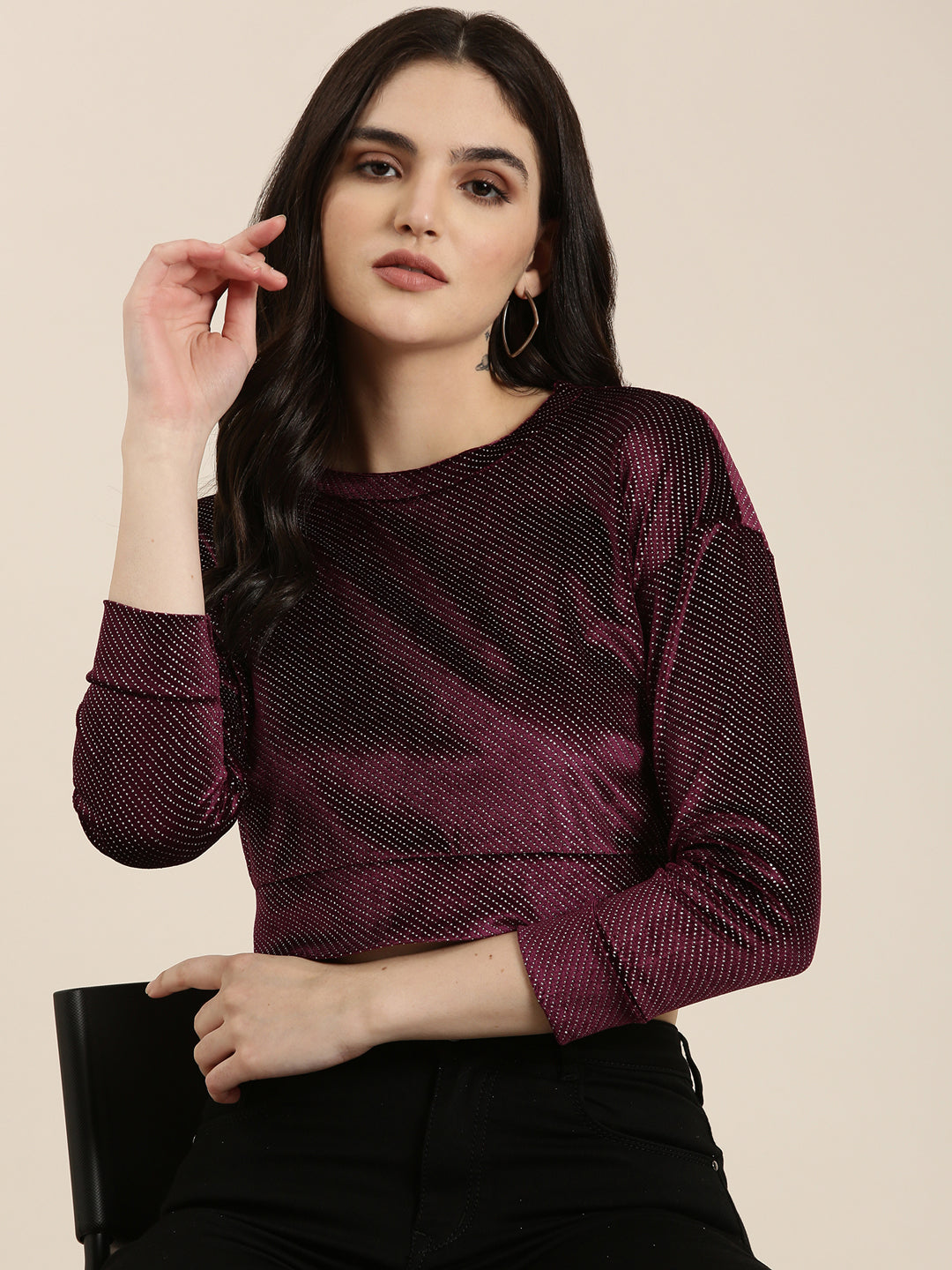 Women's Violet Self Design Crop Top