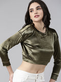 Women's Olive Velvet Blouson Crop Top