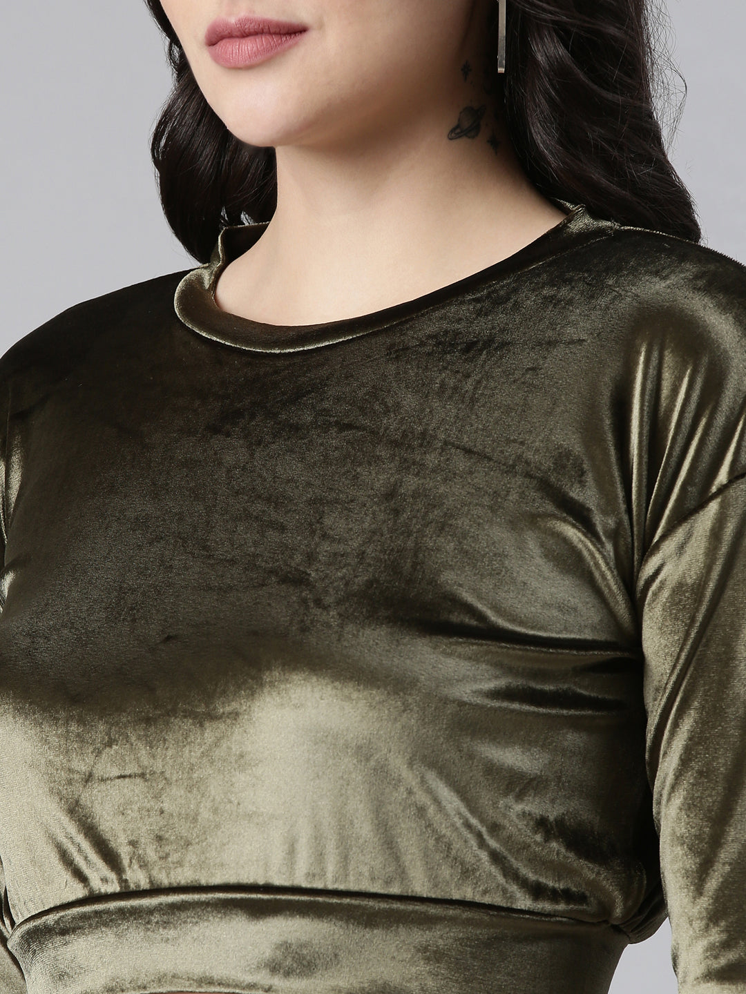 Women's Olive Velvet Blouson Crop Top