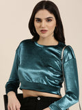 Women's Teal Round Neck Velvet Crop Top
