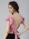 Women's Pink Flutter Sleeve Crepe Styled Back Crop Top