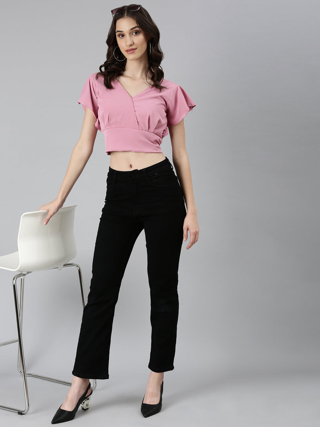 Women's Pink Flutter Sleeve Crepe Styled Back Crop Top