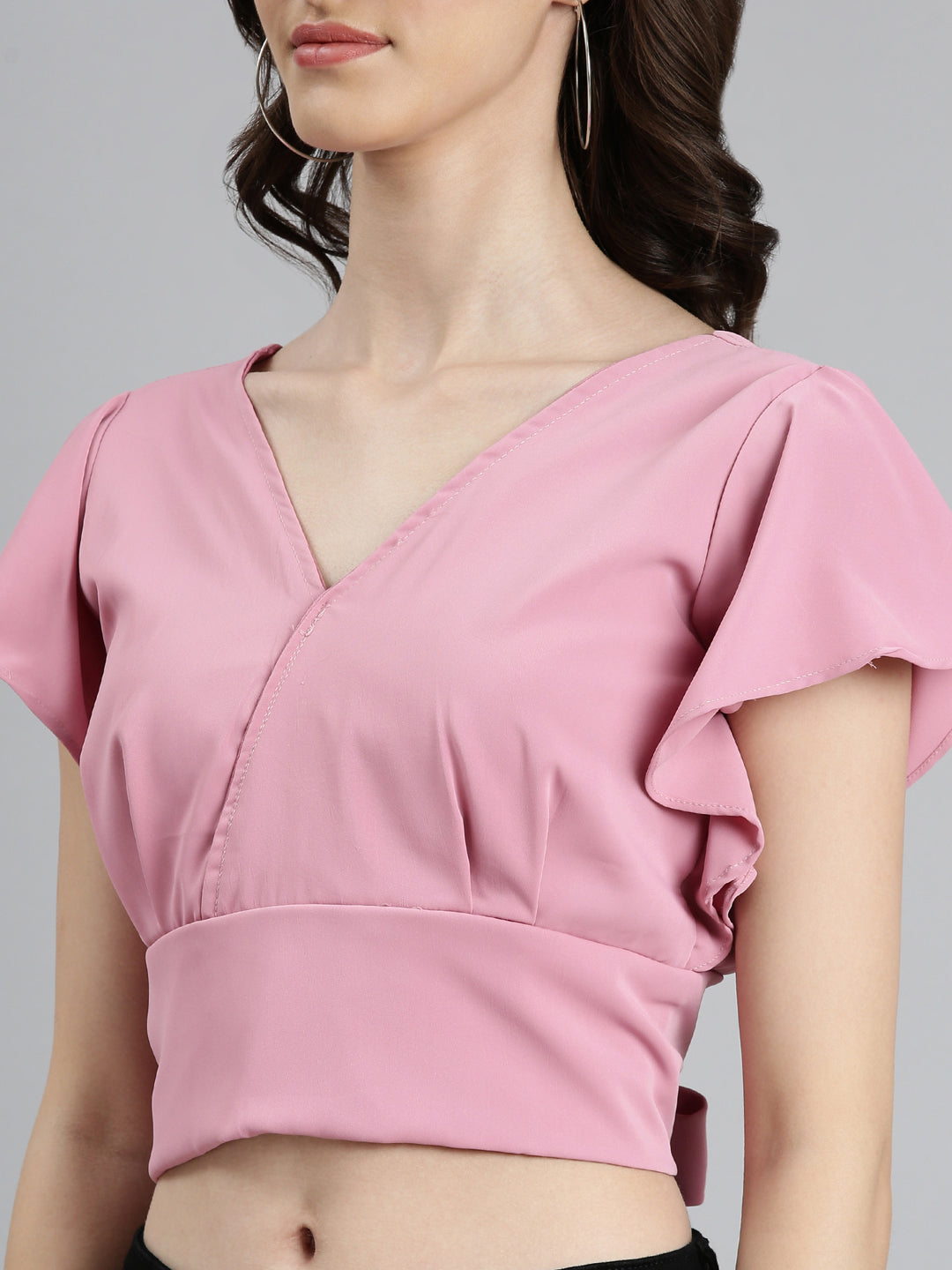Women's Pink Flutter Sleeve Crepe Styled Back Crop Top