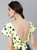 Women's Lime Green Polka Dots Printed Styled Back Crop Top