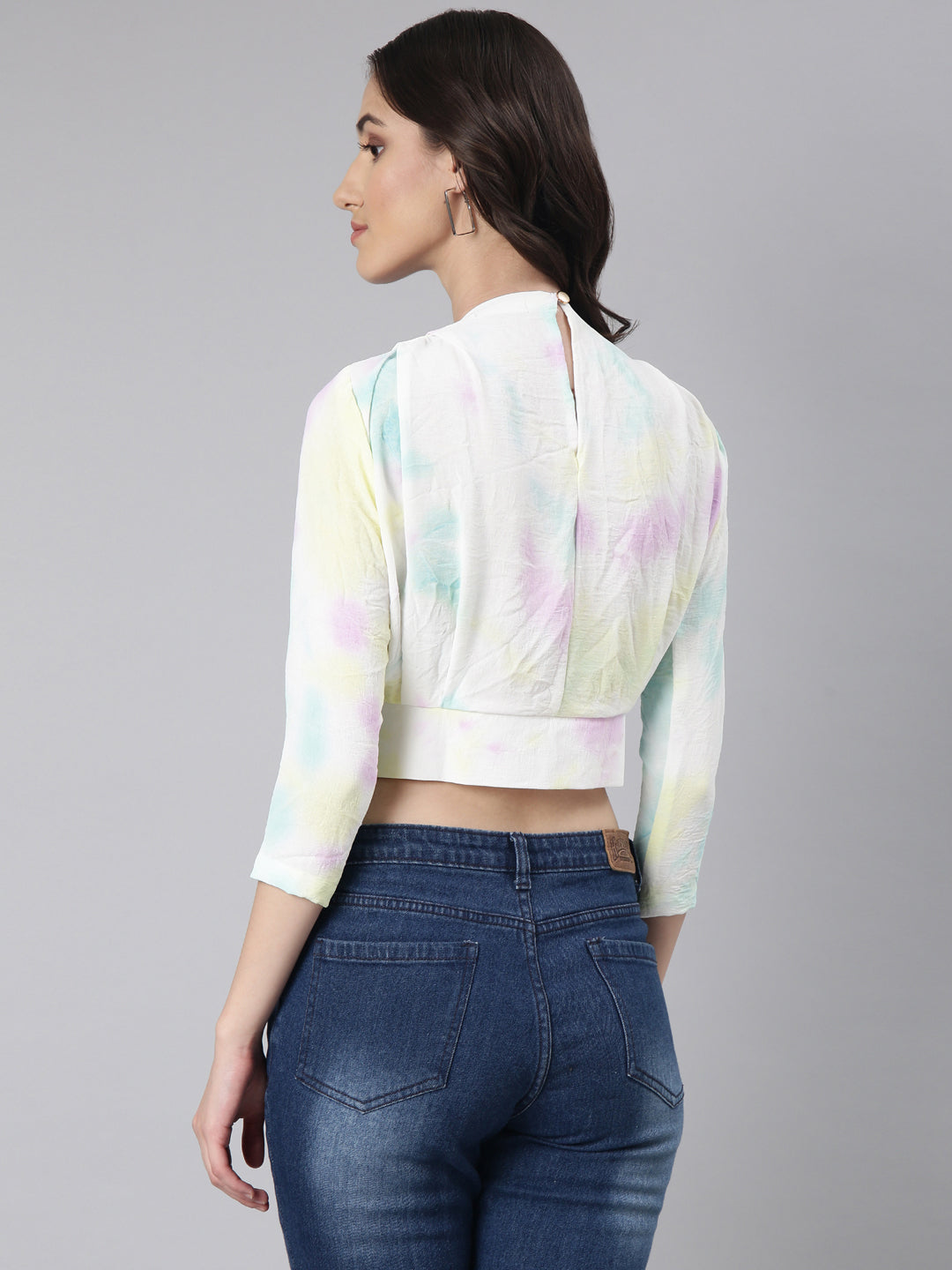 Women's Turquoise Blue Tie and Dyed High Neck Crepe Blouson Crop Top