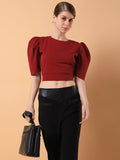 Women's Maroon Solid Round Neck Synthetic Crepe Top