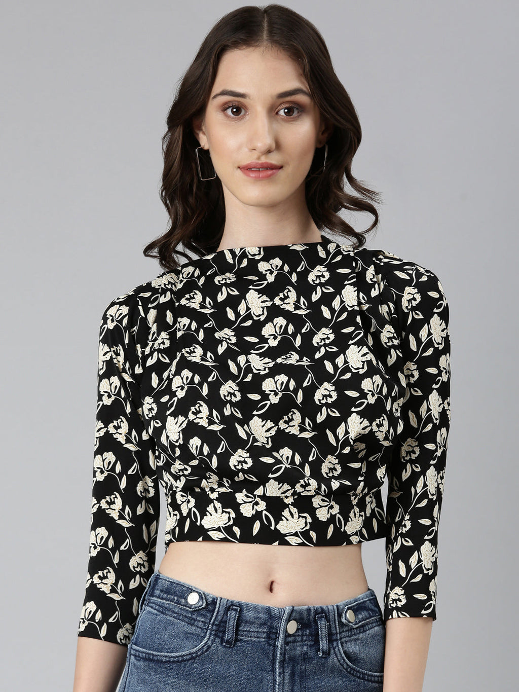 Women's Black Floral Printed High Neck Crepe Blouson Crop Top