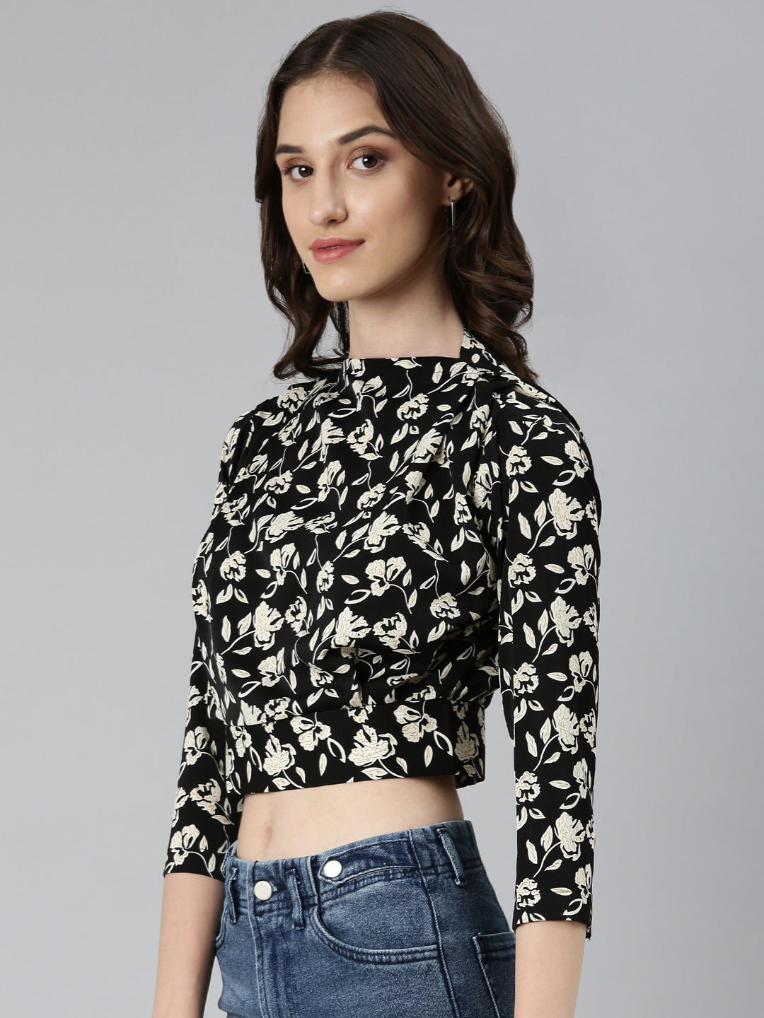 Women's Black Floral Printed High Neck Crepe Blouson Crop Top