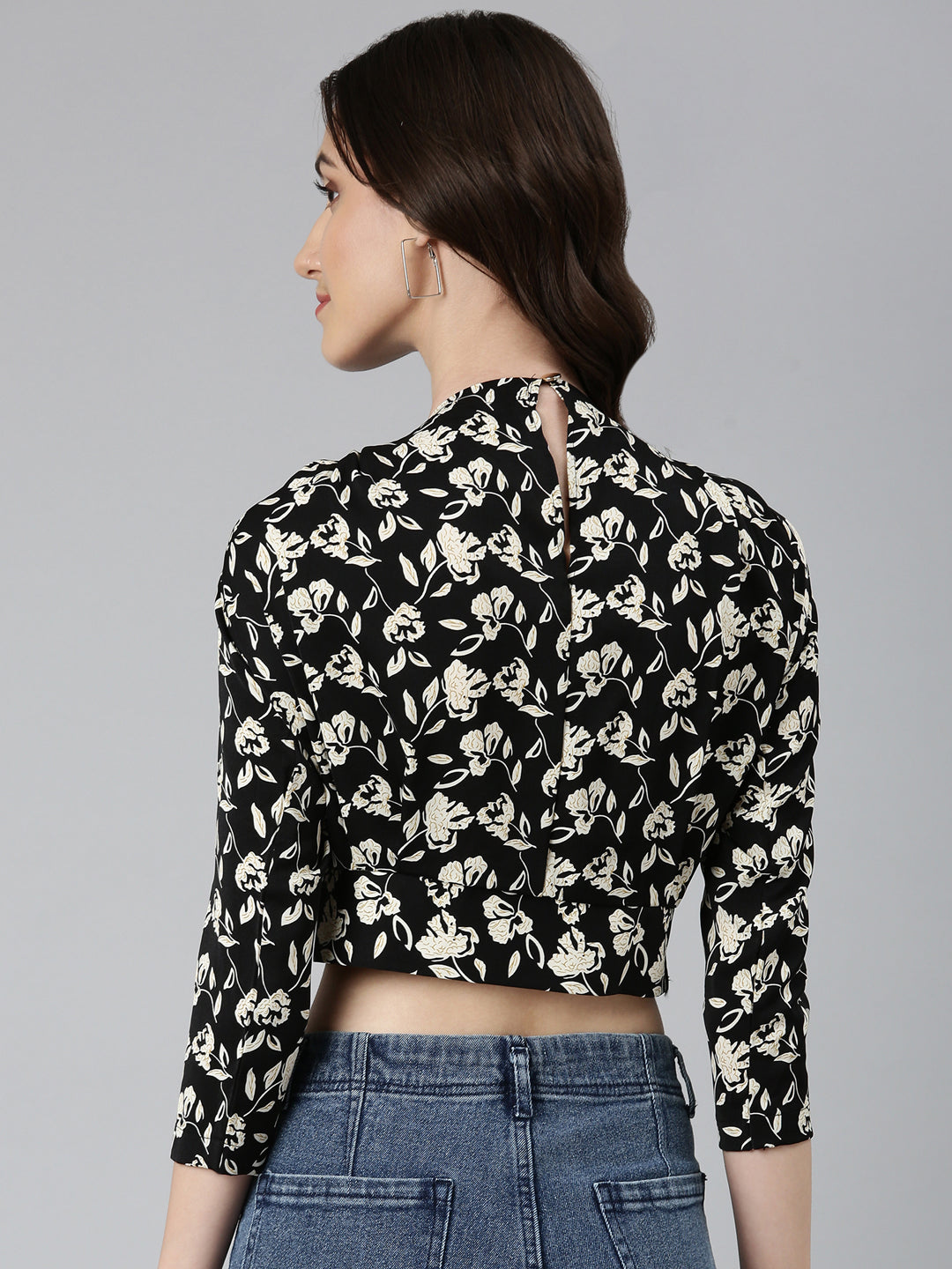 Women's Black Floral Printed High Neck Crepe Blouson Crop Top