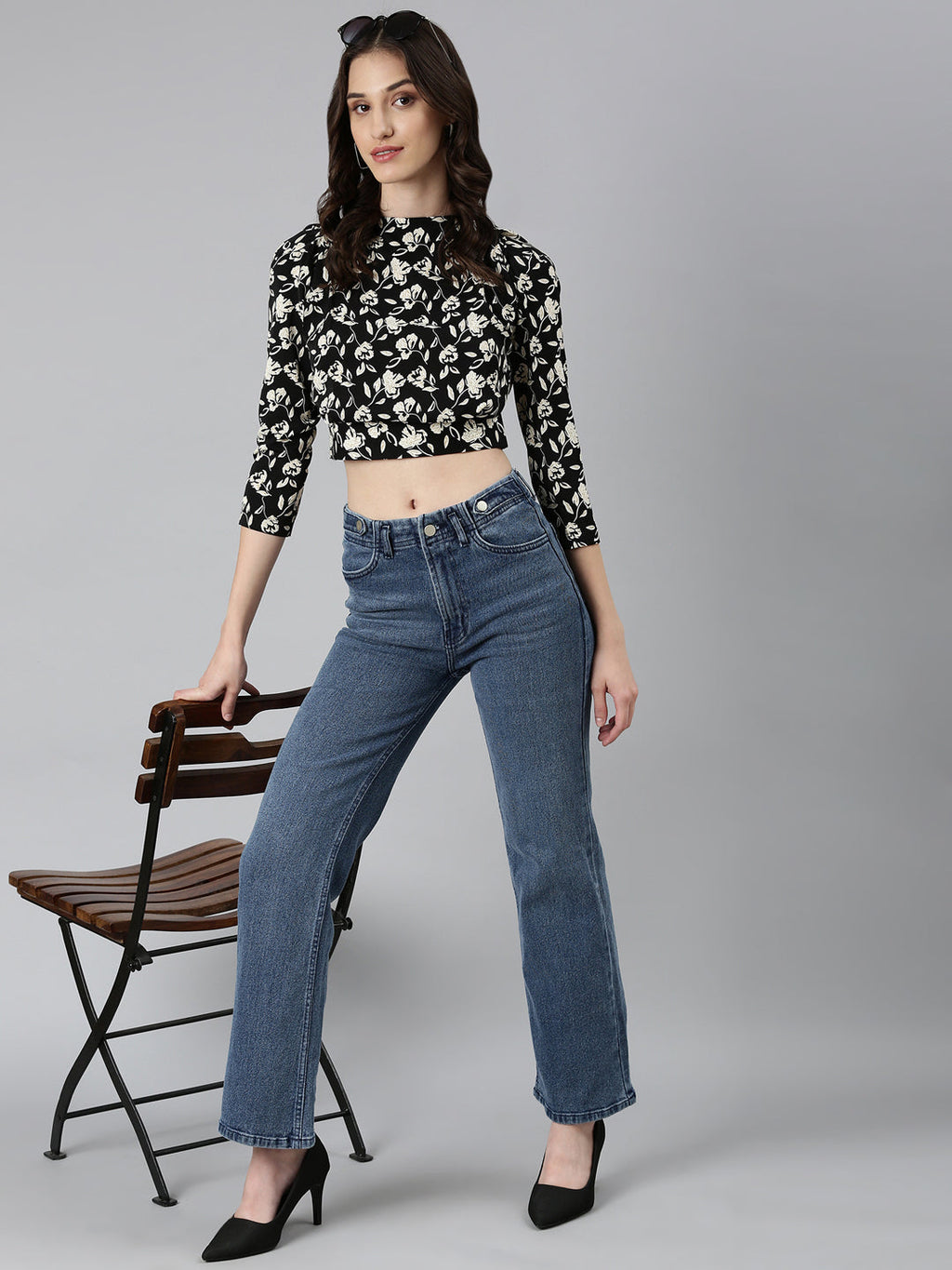 Women's Black Floral Printed High Neck Crepe Blouson Crop Top