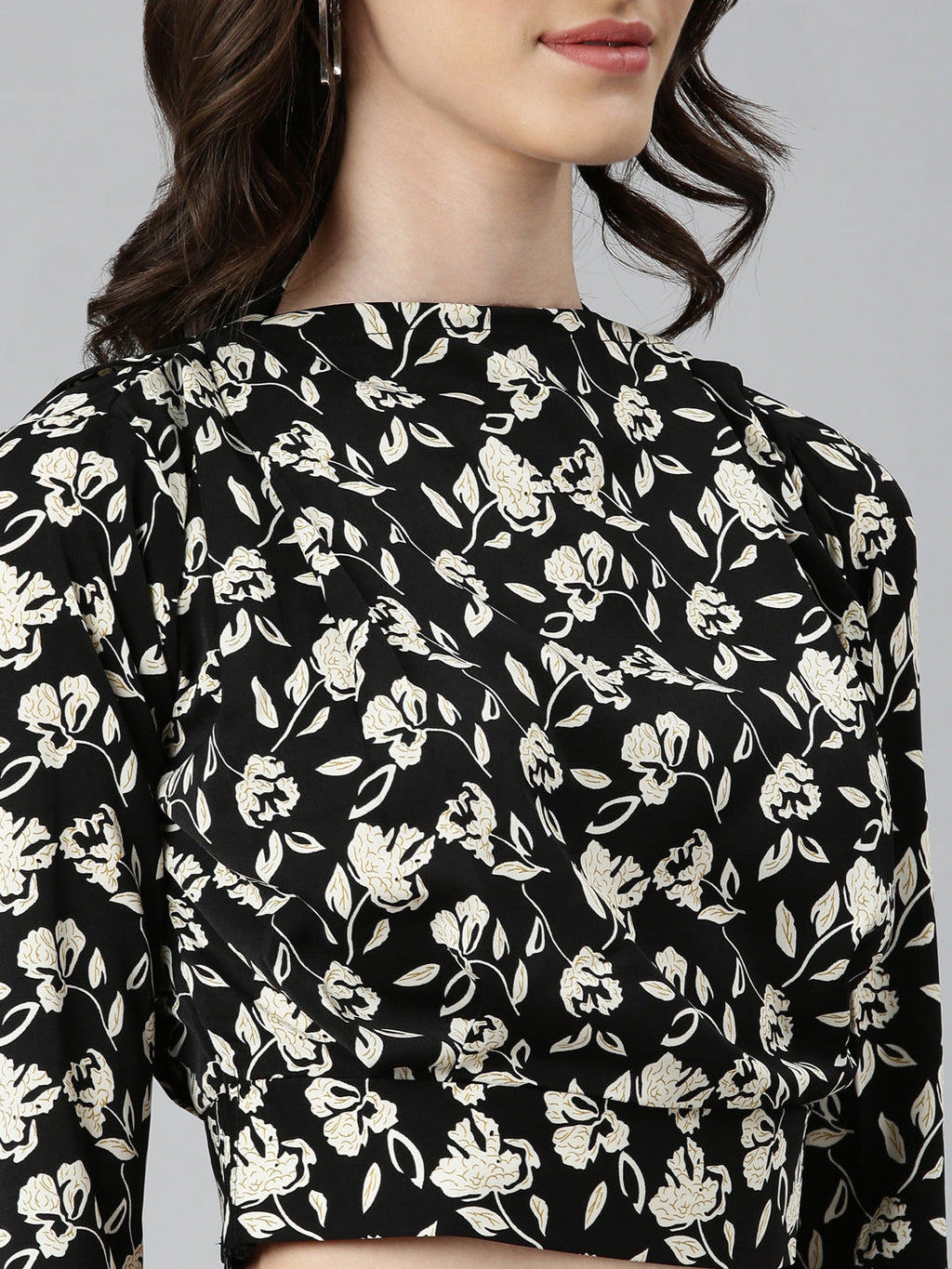 Women's Black Floral Printed High Neck Crepe Blouson Crop Top