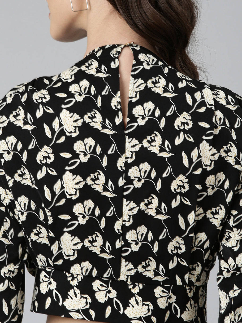 Women's Black Floral Printed High Neck Crepe Blouson Crop Top