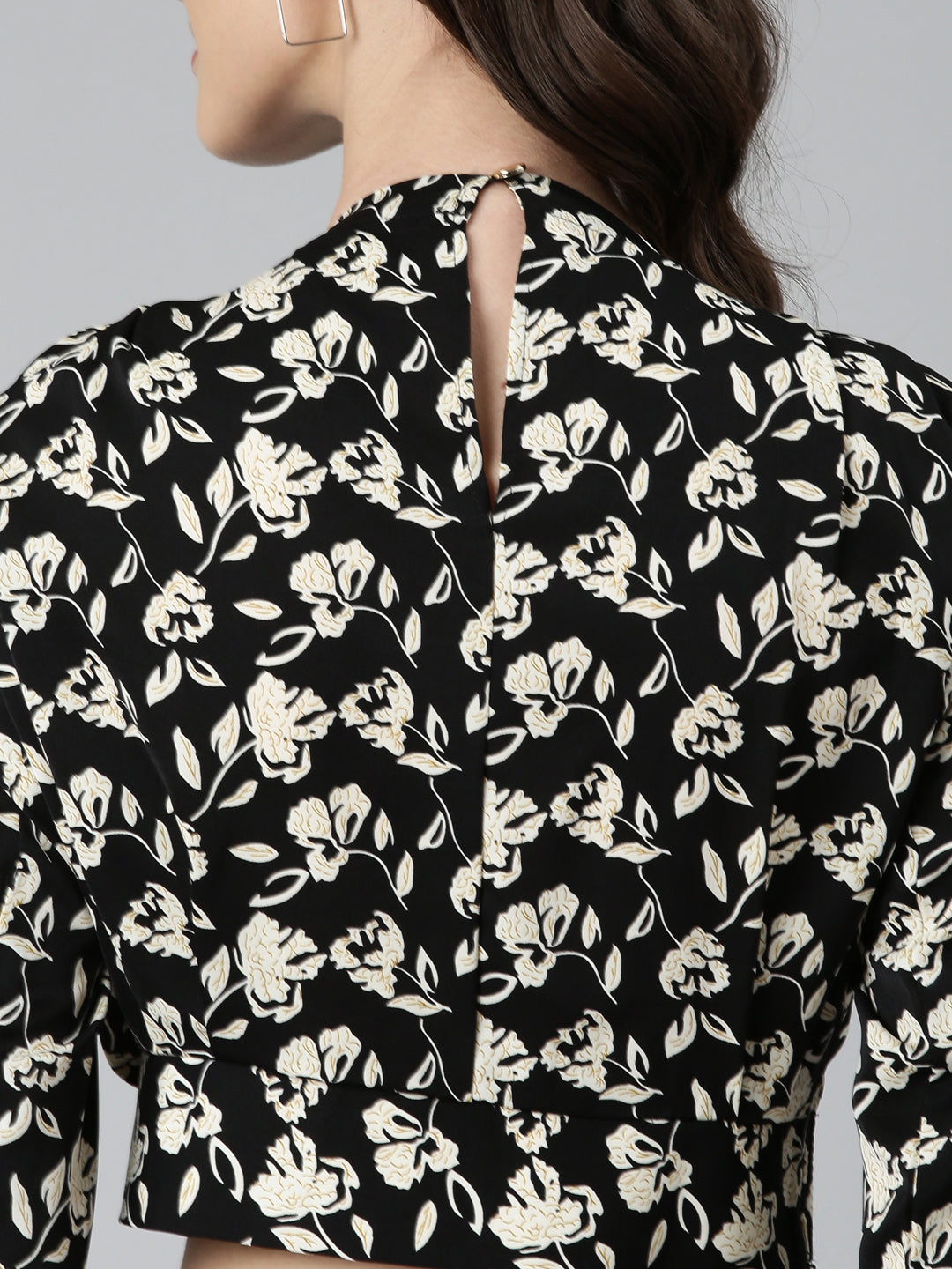 Women's Black Floral Printed High Neck Crepe Blouson Crop Top