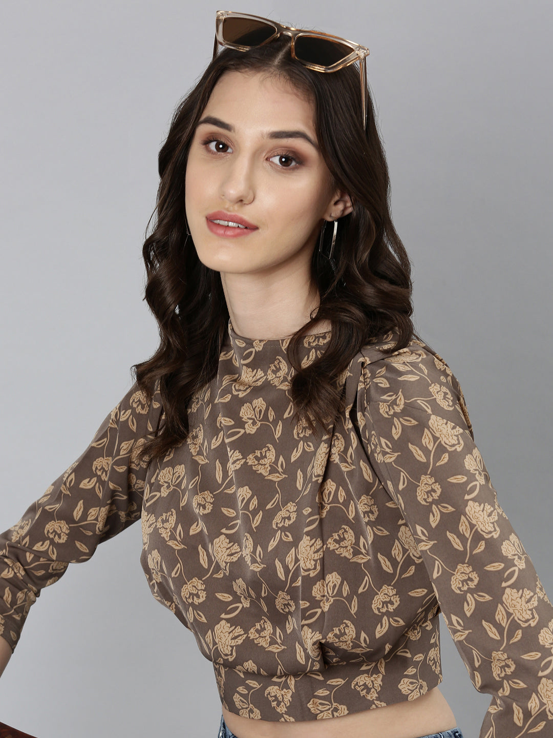 Women's Taupe Floral Printed High Neck Blouson Crop Top