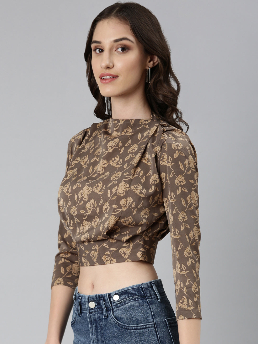 Women's Taupe Floral Printed High Neck Blouson Crop Top
