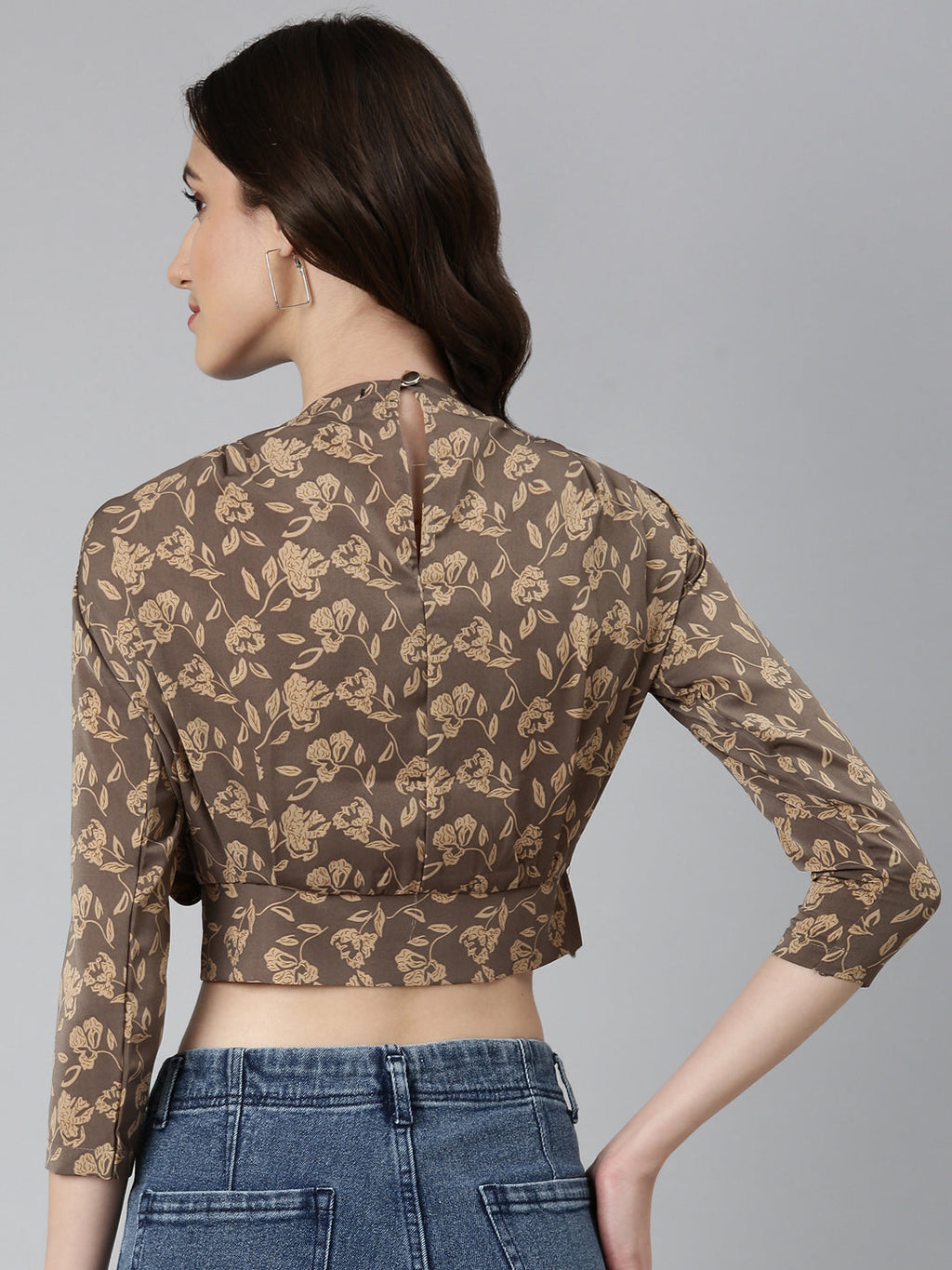 Women's Taupe Floral Printed High Neck Blouson Crop Top
