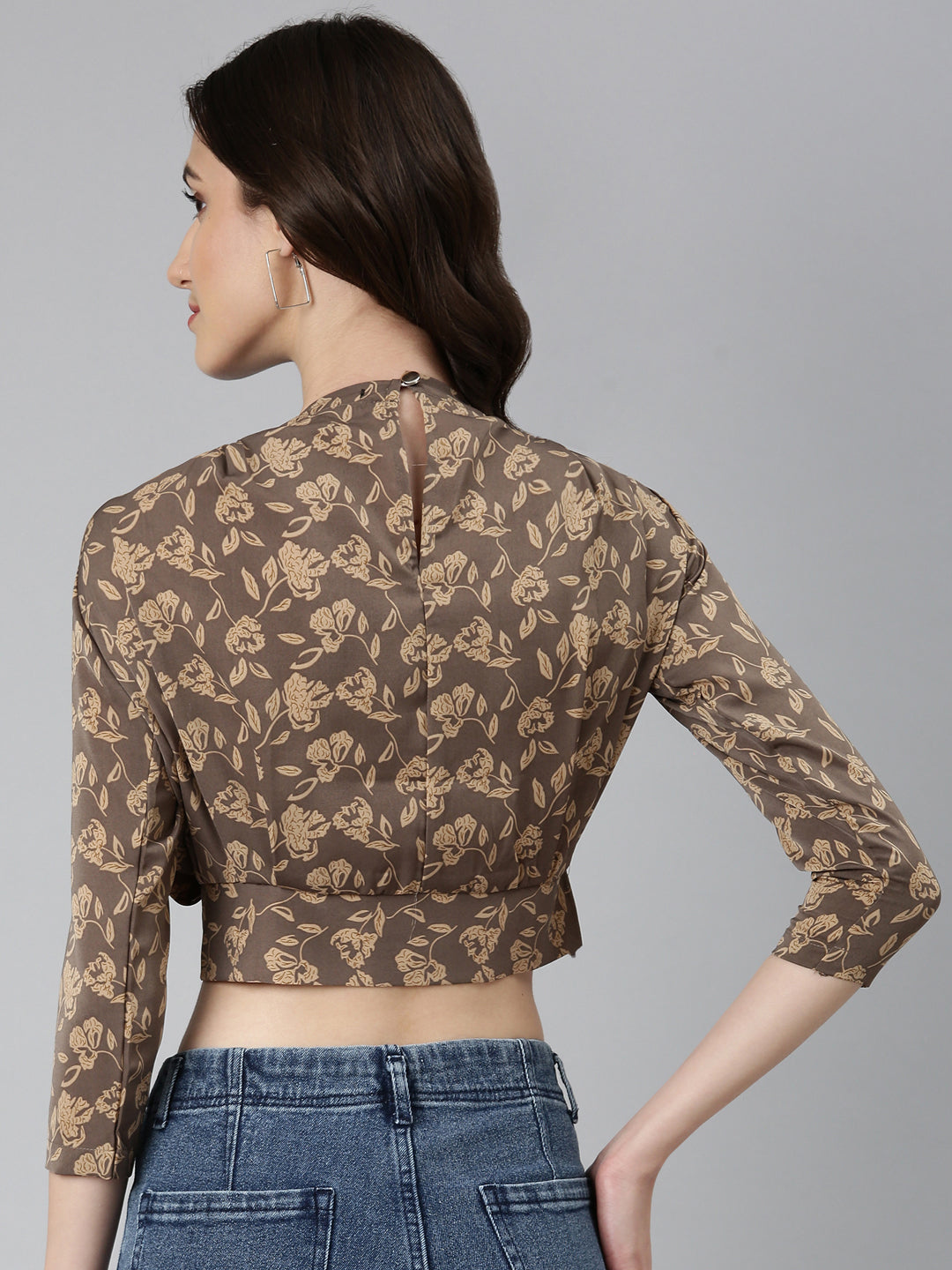 Women's Taupe Floral Printed High Neck Blouson Crop Top