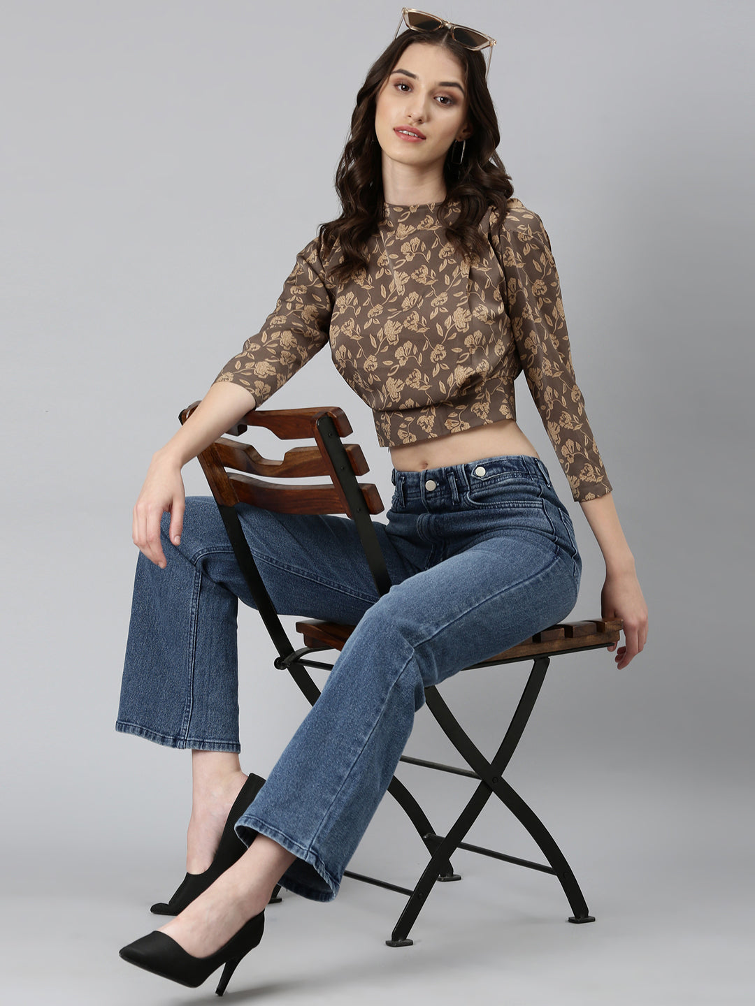 Women's Taupe Floral Printed High Neck Blouson Crop Top