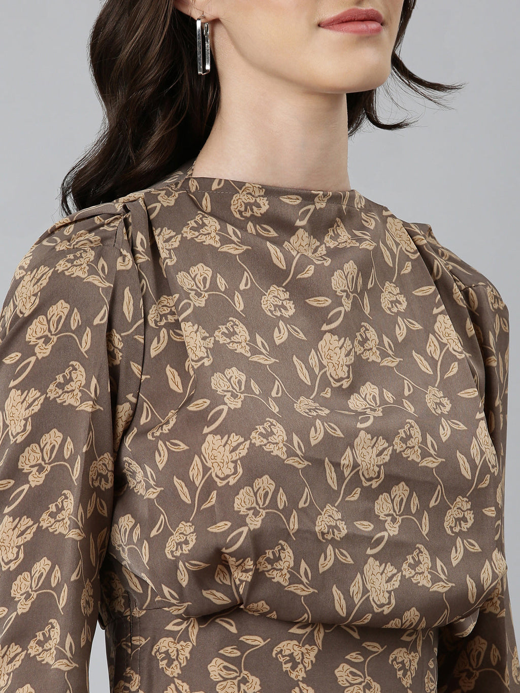 Women's Taupe Floral Printed High Neck Blouson Crop Top