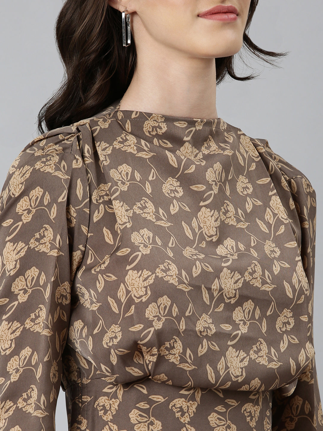 Women's Taupe Floral Printed High Neck Blouson Crop Top