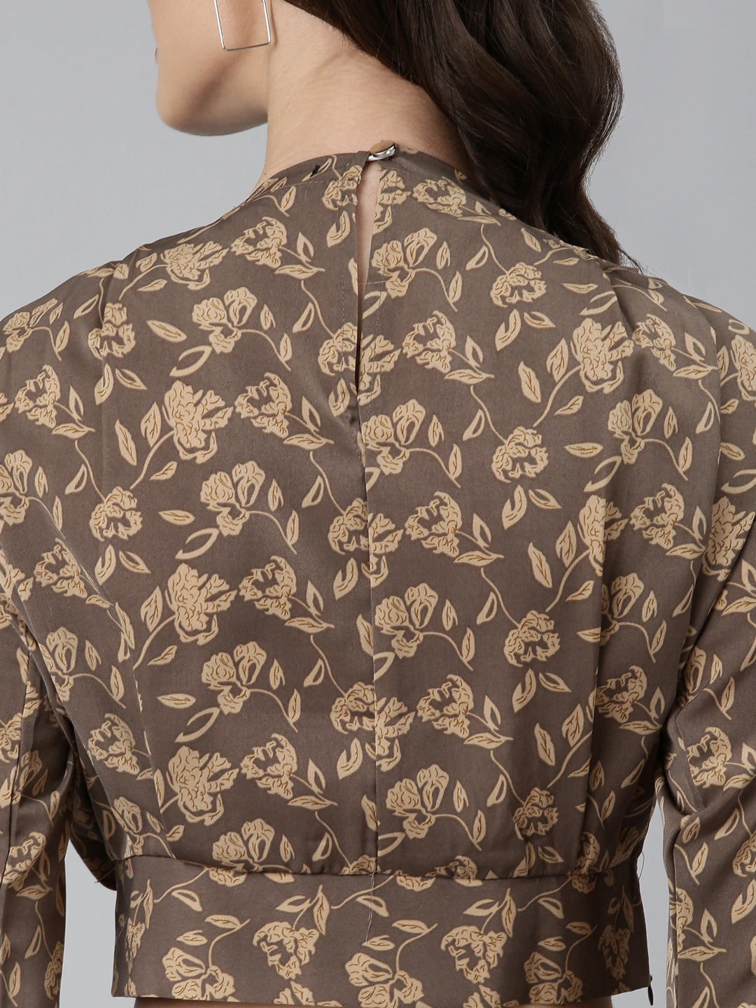 Women's Taupe Floral Printed High Neck Blouson Crop Top