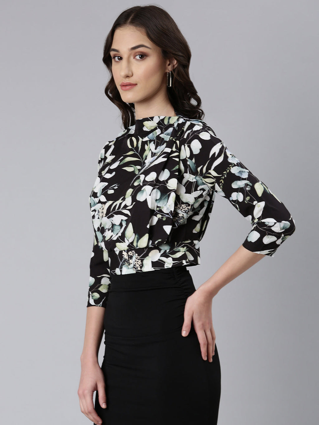 Women's Black Floral Printed High Neck Blouson Crop Top