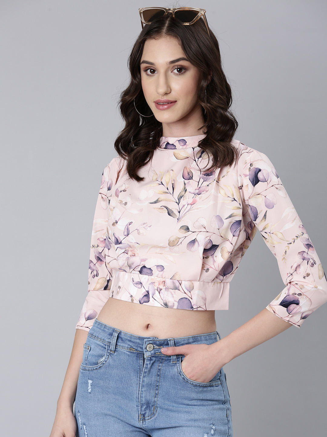 Women's Pink Floral Printed High Neck Crop Top