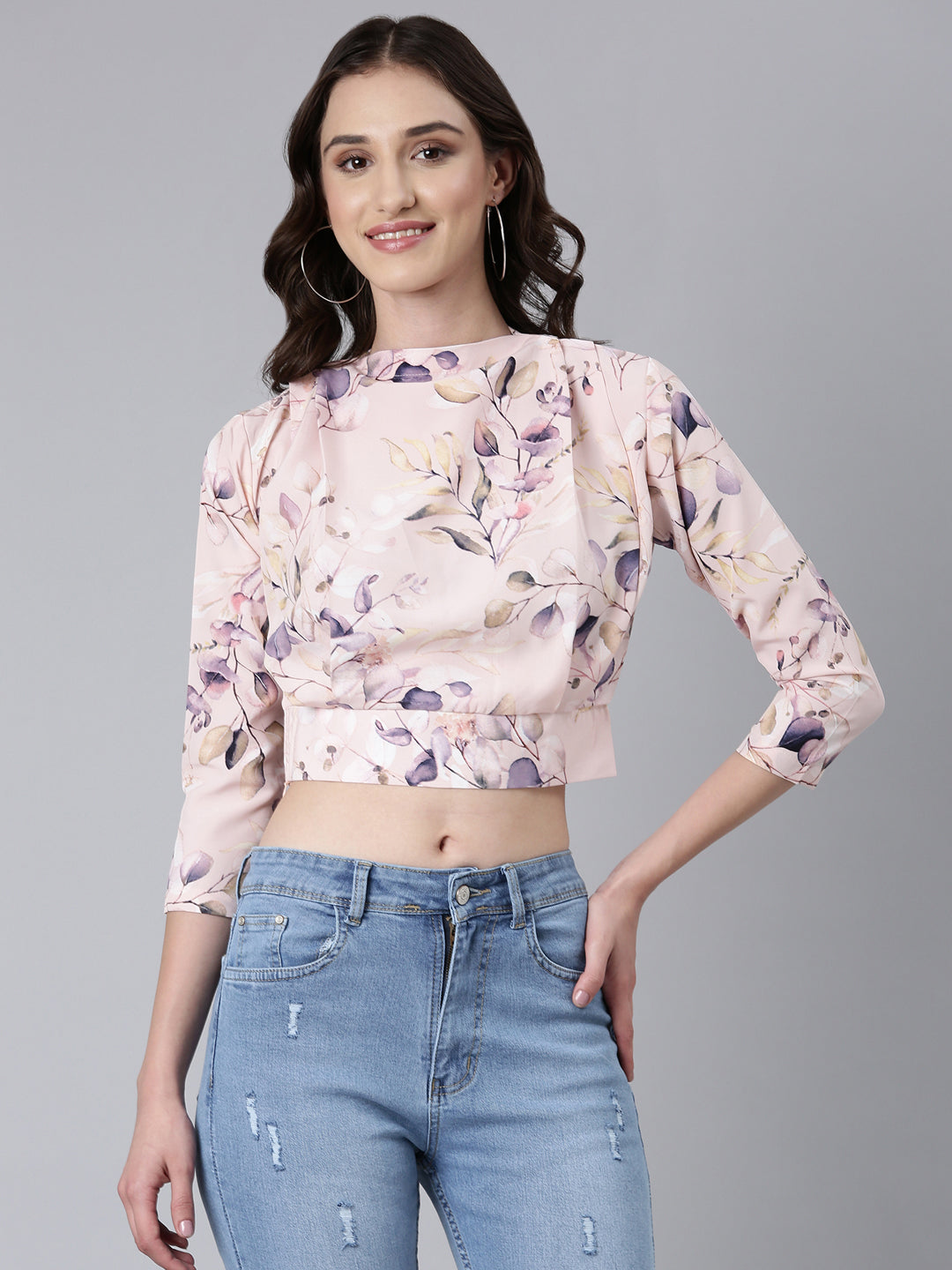 Women's Pink Floral Printed High Neck Crop Top
