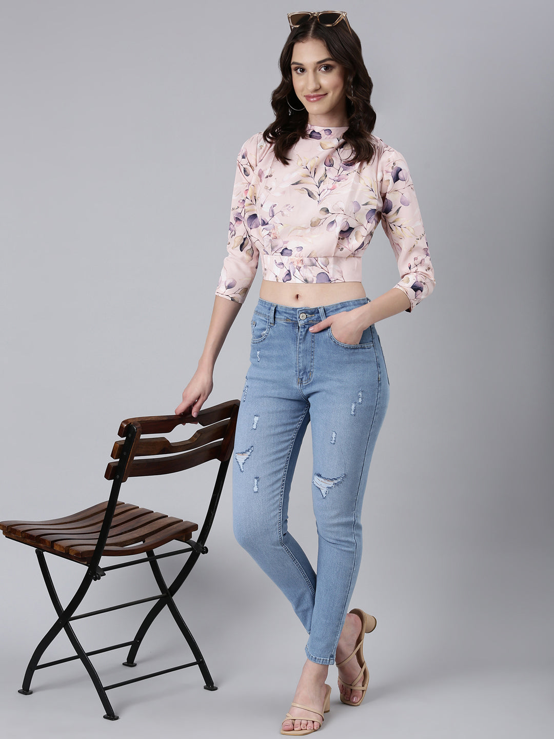 Women's Pink Floral Printed High Neck Crop Top