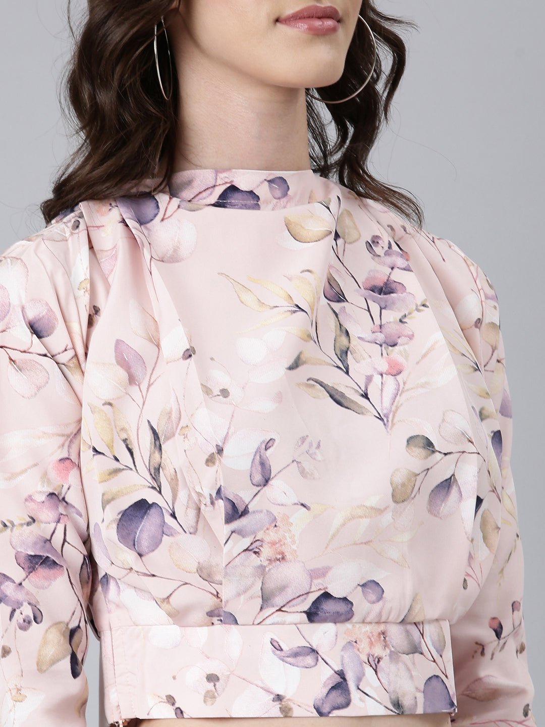 Women's Pink Floral Printed High Neck Crop Top