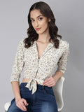 Women's Off White Abstract Printed Puffed Sleeves Tie-Ups Shirt Style Crop Top